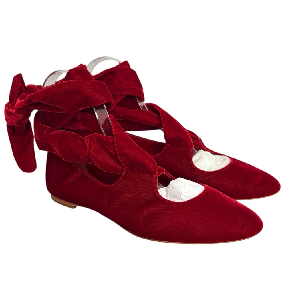 The Row Elodie Red Velvet Ankle Lace Up Ballet Flats in Poppy are Size 36/ US 6